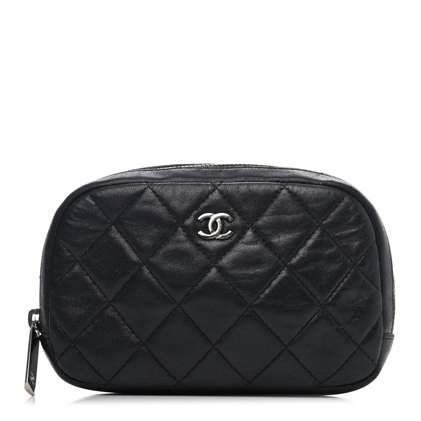 Lambskin Quilted Small Curvy Pouch Cosmetic Case Black