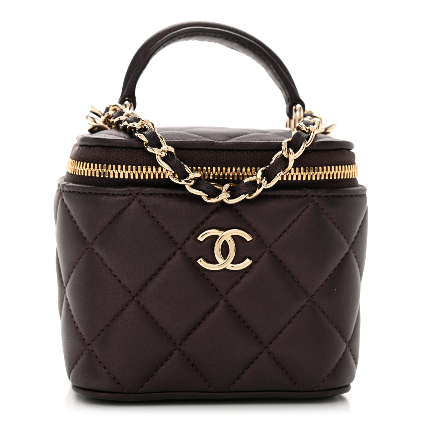 Iridescent Lambskin Quilted Mini Top Handle Vanity Case With Chain Burgundy
