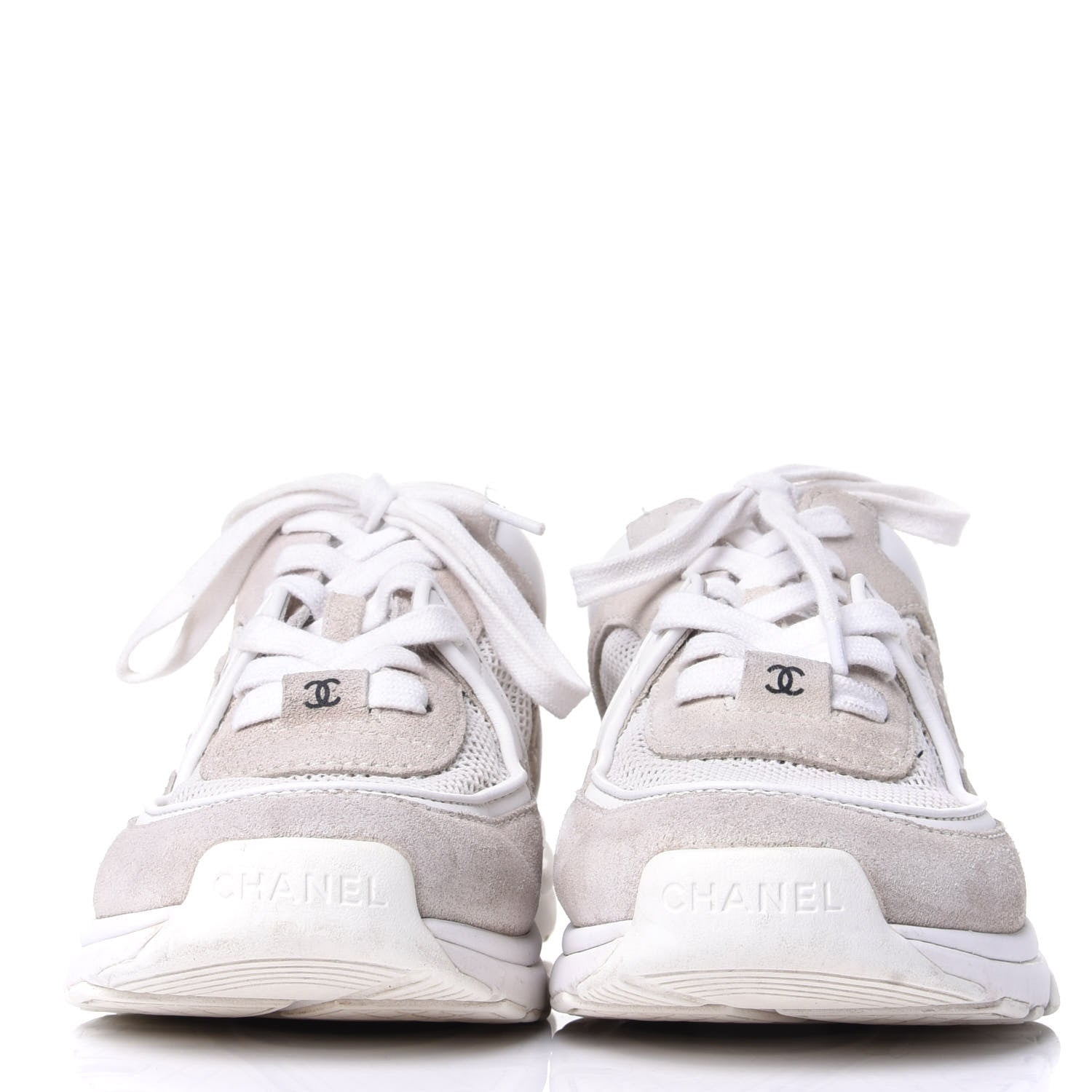 Chanel Suede Calfskin Fabric CC Sneakers 37.5 White Grey 2 of 11
