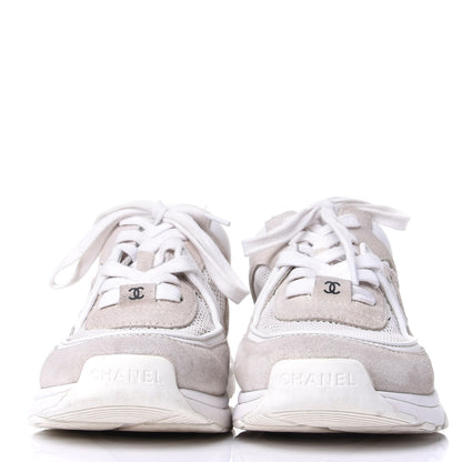 Chanel Suede Calfskin Fabric CC Sneakers 37.5 White Grey 2 of 11