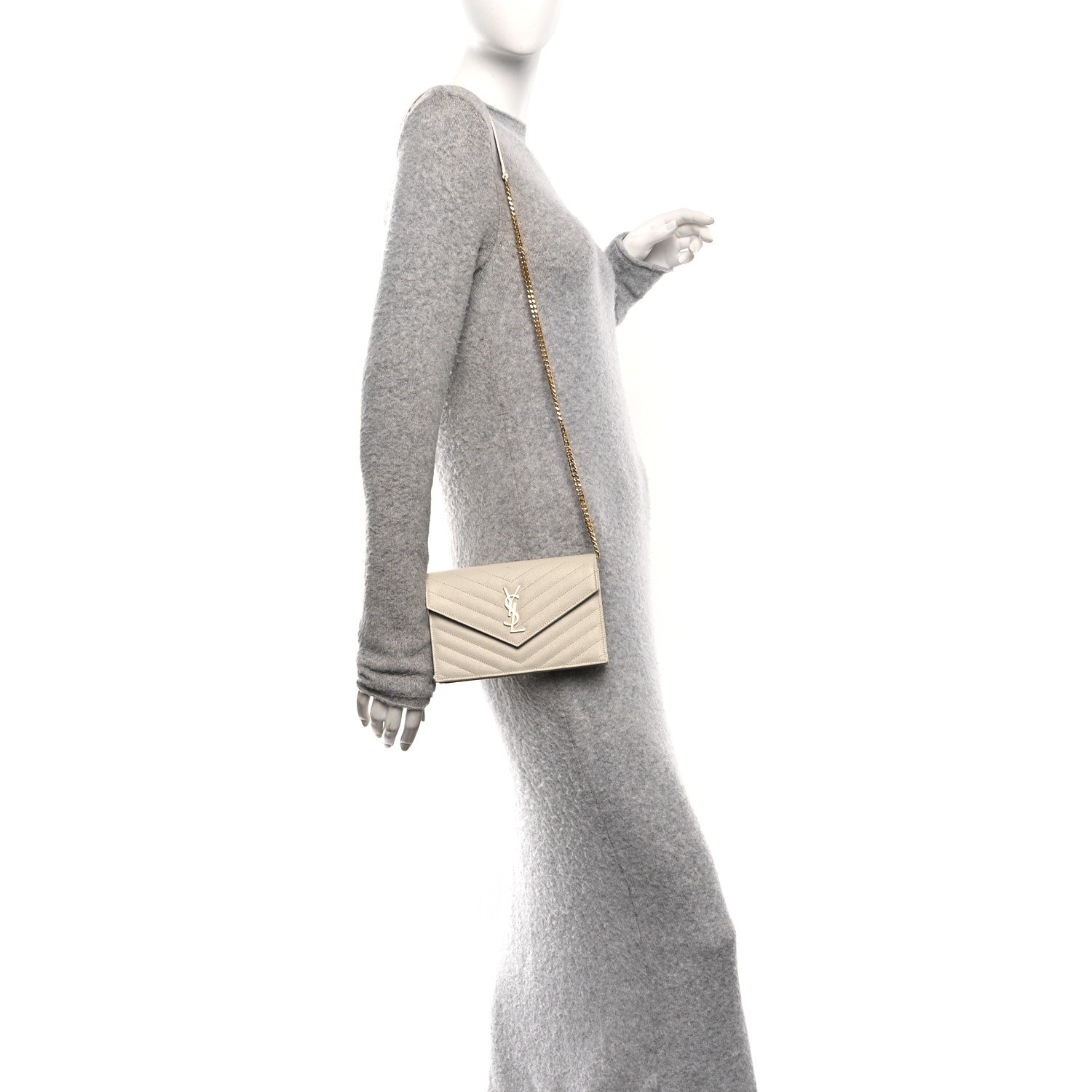Saint Laurent Grain De Poudre Matelasse Chevron Monogram Envelope Chain Wallet Crema Soft 2 of 9