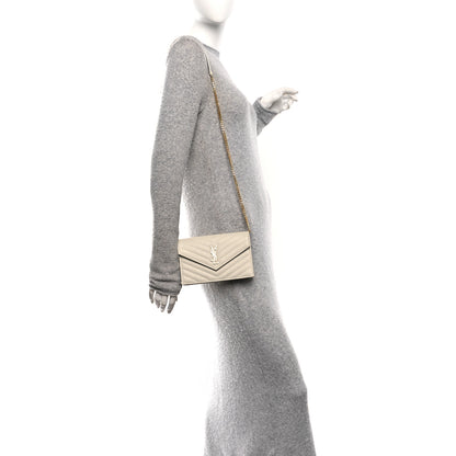 Saint Laurent Grain De Poudre Matelasse Chevron Monogram Envelope Chain Wallet Crema Soft 2 of 9