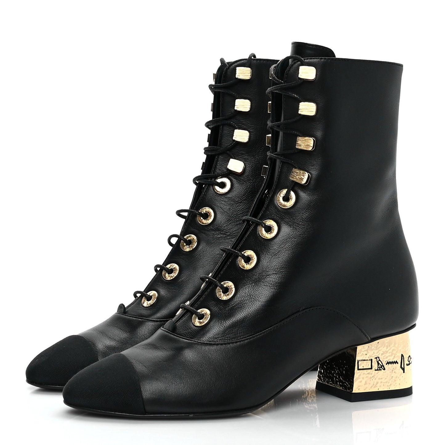 Lambskin Grosgrain Cap Toe Egyptian Amulet CC Lace Up Boots 35 Black