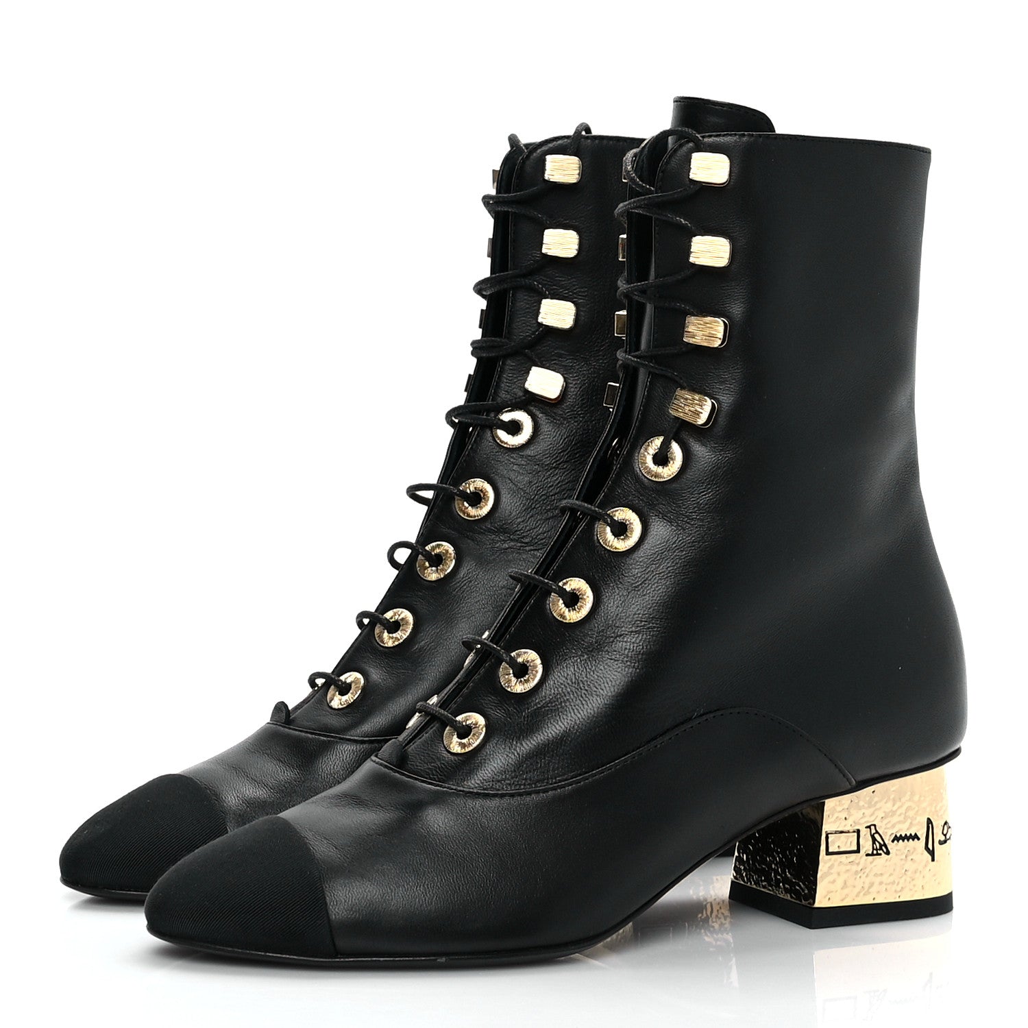 Chanel Lambskin Grosgrain Cap Toe Egyptian Amulet CC Lace Up Boots 35 Black 3 of 10