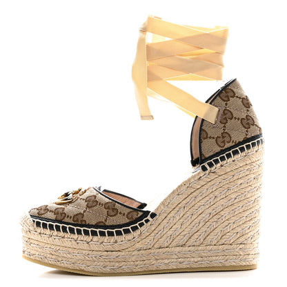 Gucci Monogram Matelasse GG Marmont Ankle Wrap Platform 35/120mm Espadrille Wedges 38.5 Beige Ebony Black Sand Storm 1 of 9