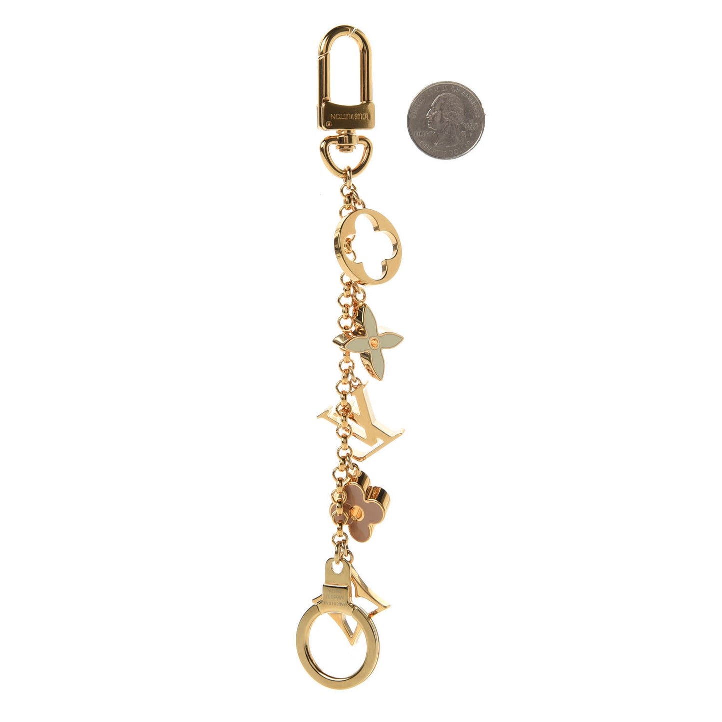 Brass Enamel Fleur De Monogram Bag Charm Chain Gold