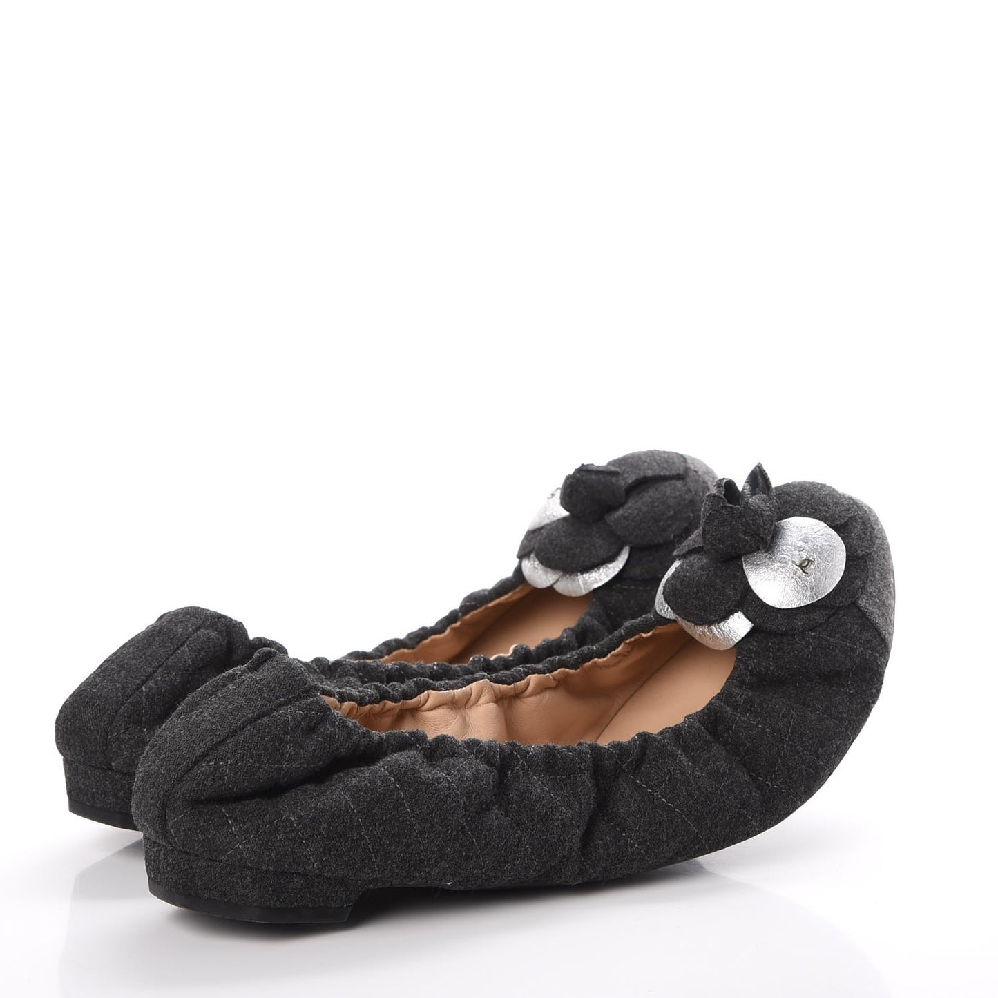 Tweed Quilted Camellia Cap Toe Ballerina Flats 40 Grey