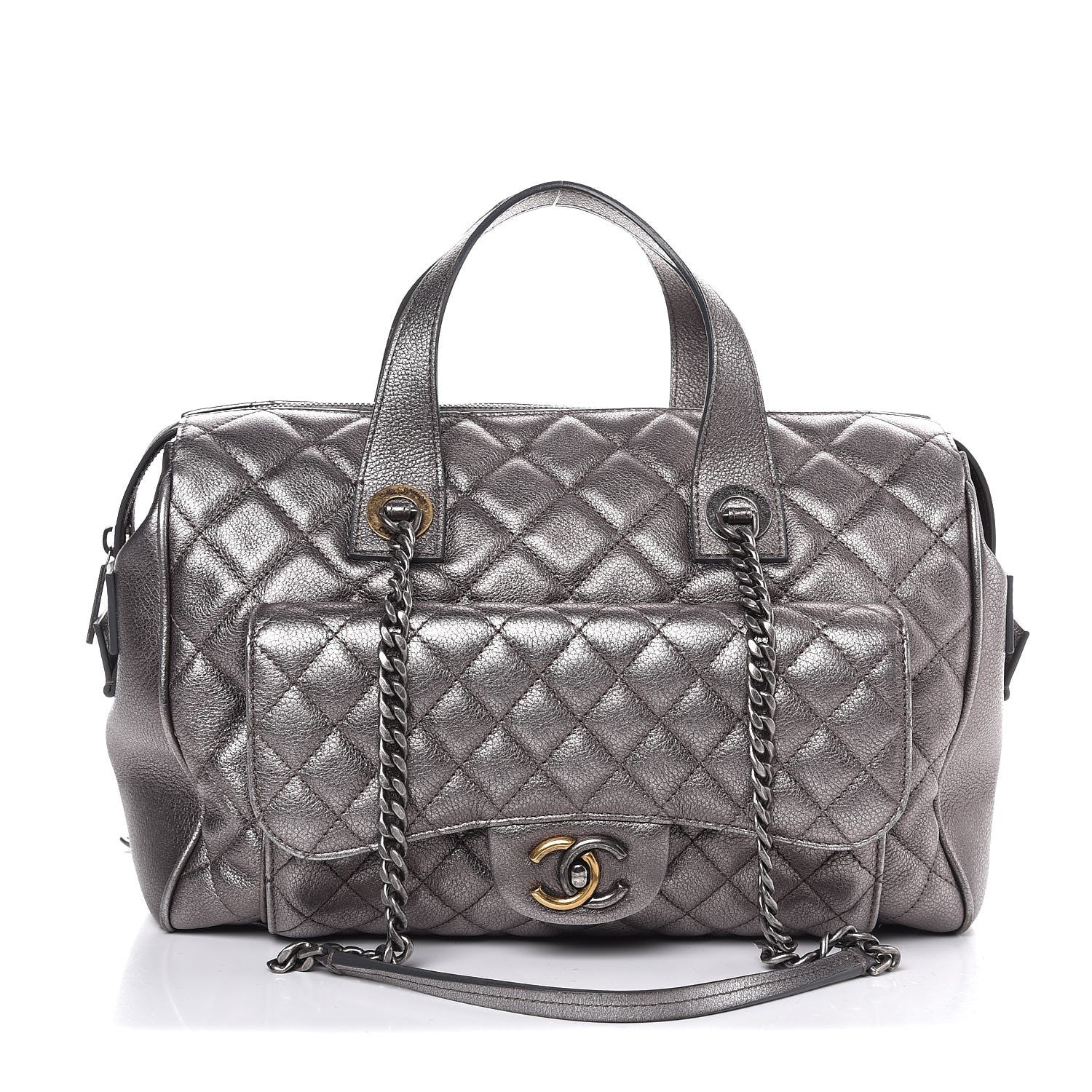 Chanel Metallic Grained Calfskin Quilted Large Casual Pocket Bowling Bag Silver 1 of 7