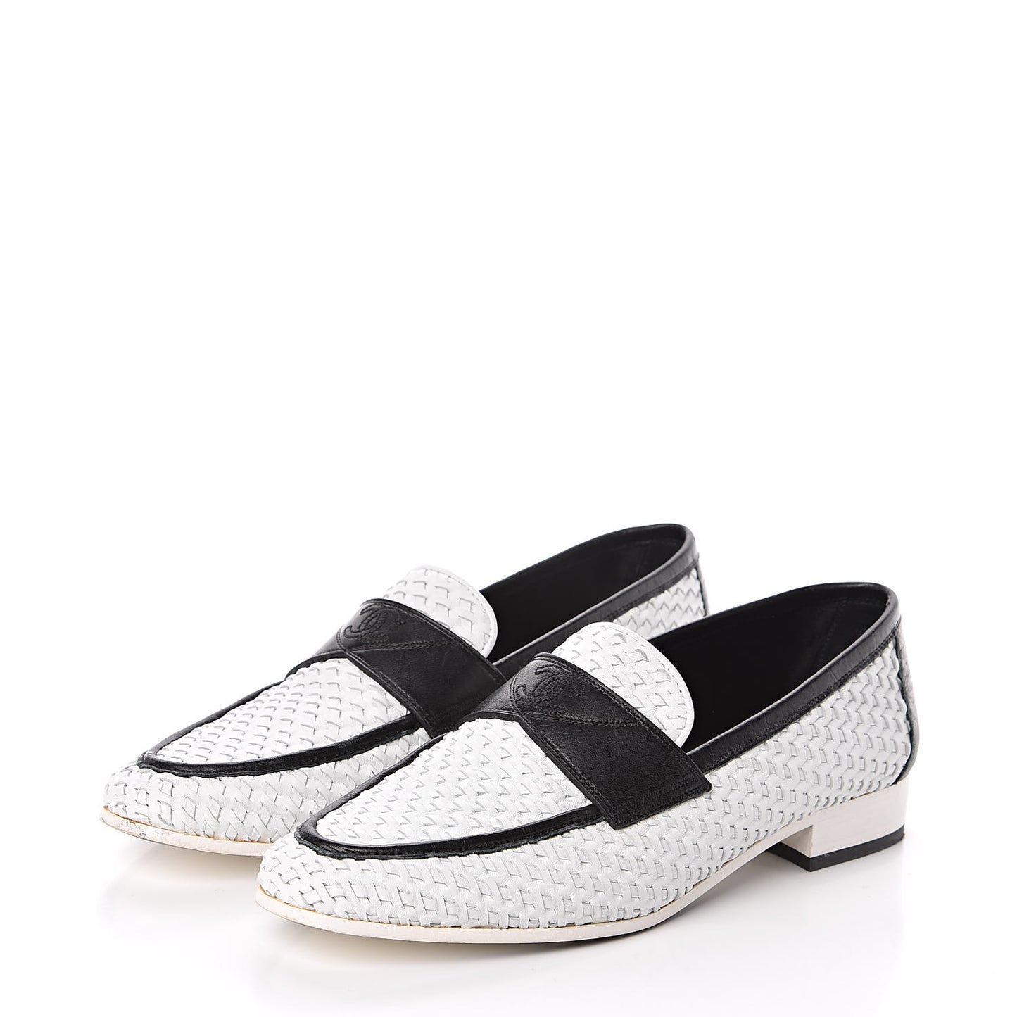 Lambskin Calfskin Braided Mocassin Loafers 38 Black White