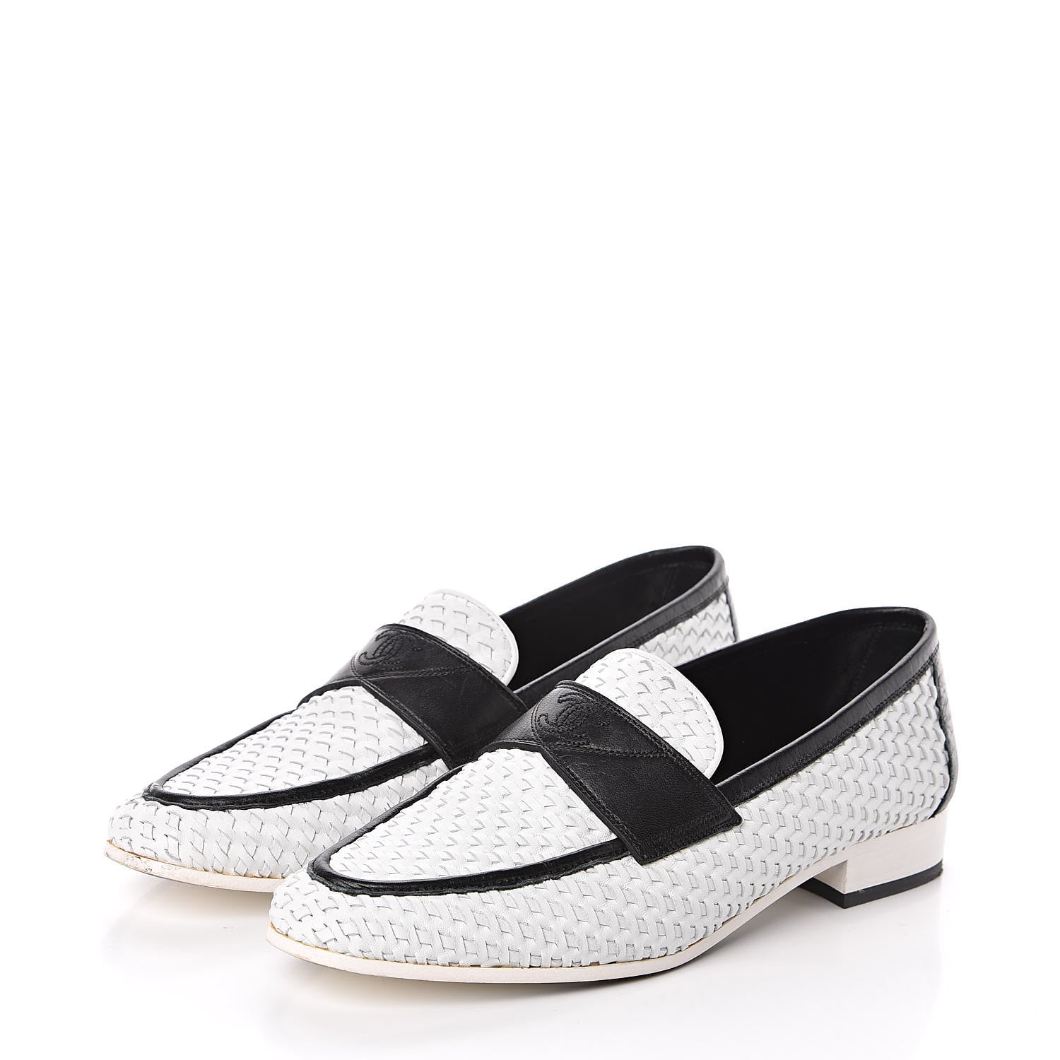 Chanel Lambskin Calfskin Braided Mocassin Loafers 38 Black White 3 of 9