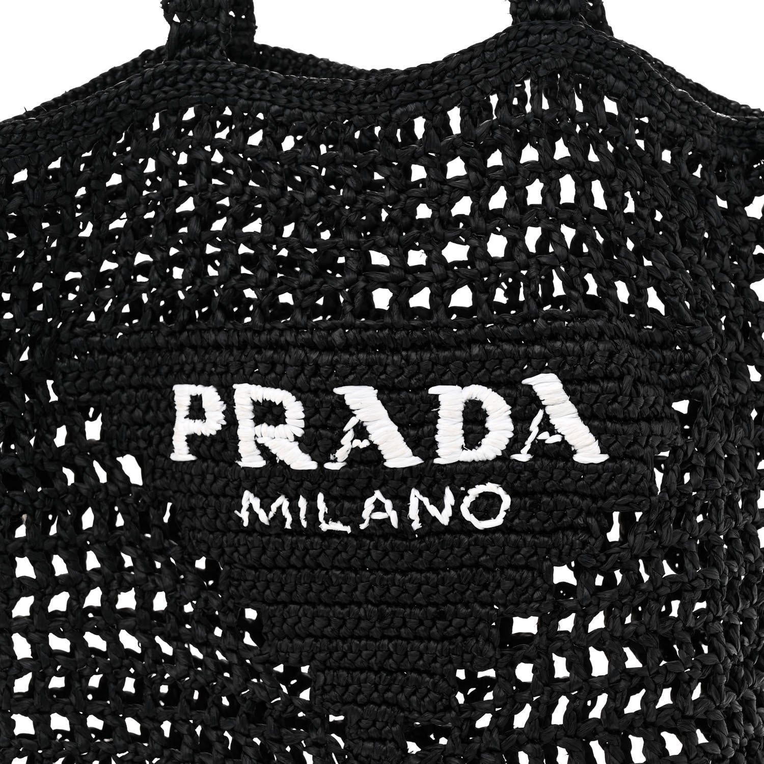 Prada Yarn Raffia Effect Crochet Logo Embroidered Tote Bag Black 7 of 9