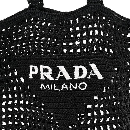 Prada Yarn Raffia Effect Crochet Logo Embroidered Tote Bag Black 7 of 9