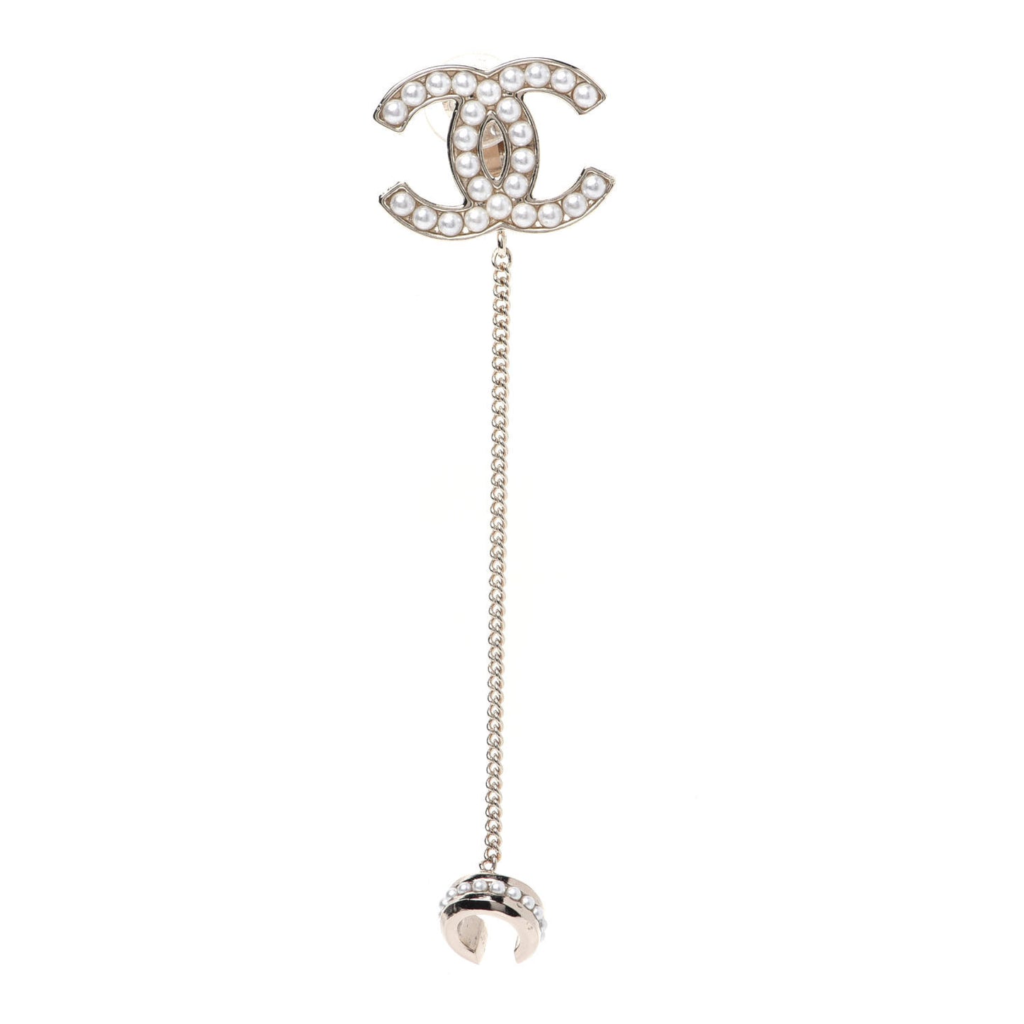Crystal CC Chain Cuff Single Clip On Earring Gold Pearly White