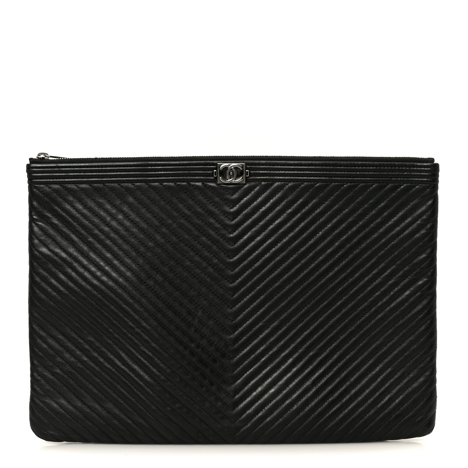 Chanel Lambskin Chevron Large Boy Zip Pouch Black 1 of 8