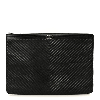 Chanel Lambskin Chevron Large Boy Zip Pouch Black 1 of 8