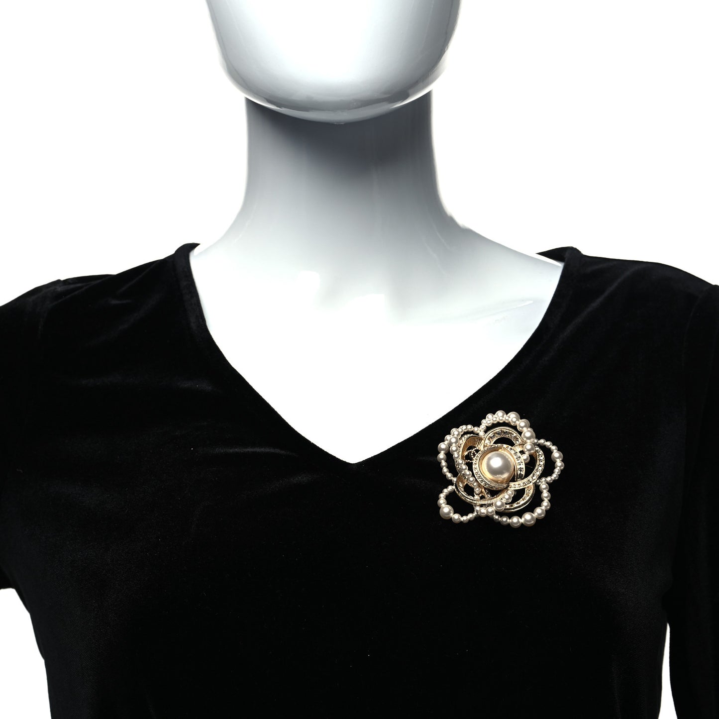 Pearl Crystal Camellia CC Brooch Gold White