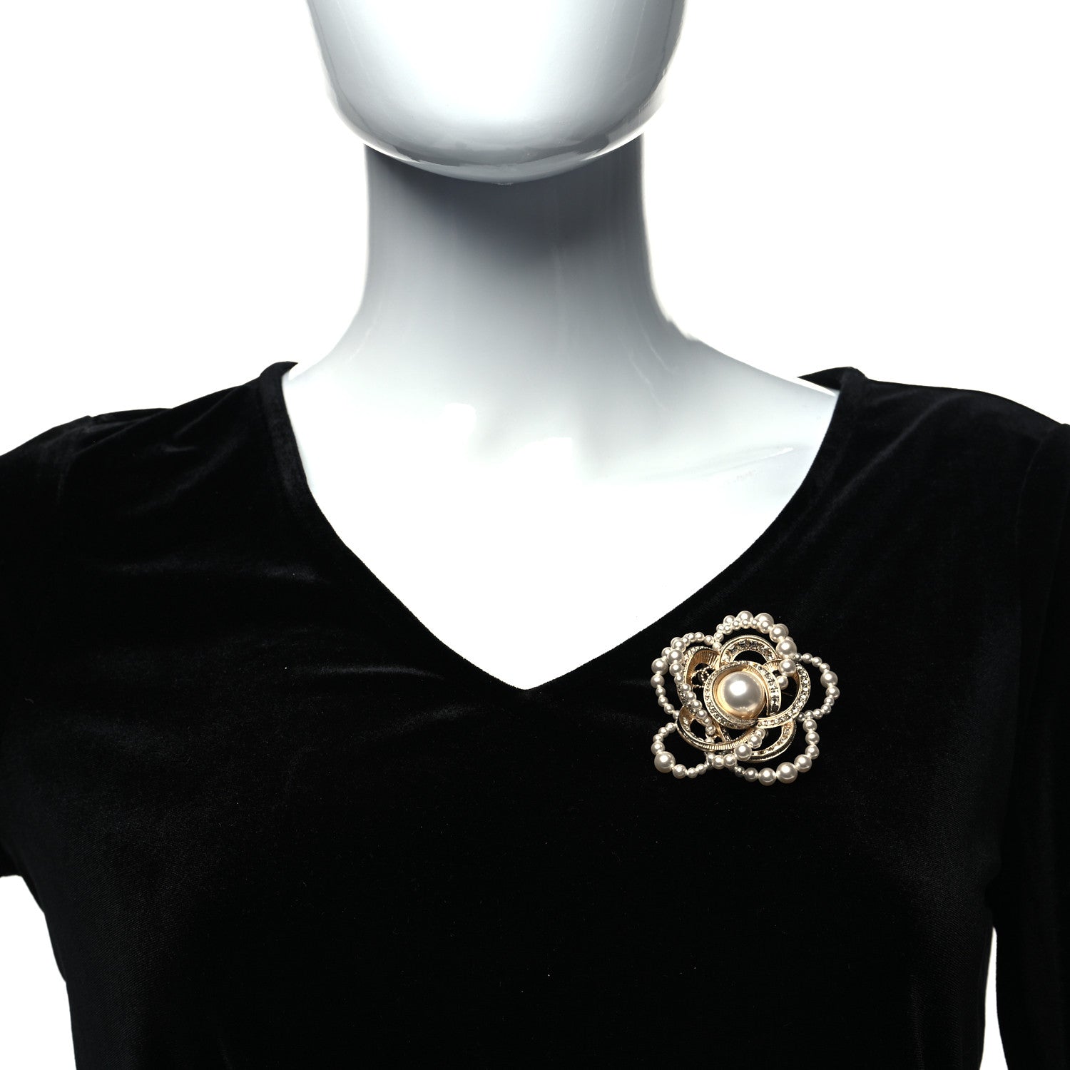 Chanel Pearl Crystal Camellia CC Brooch Gold White 2 of 4