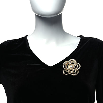 Chanel Pearl Crystal Camellia CC Brooch Gold White 2 of 4