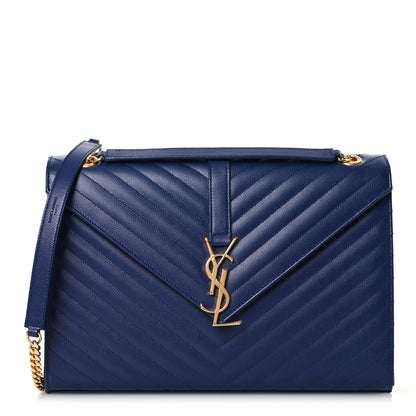 Saint Laurent Grain De Poudre Matelasse Chevron Large Monogram Satchel Navy Blue 1 of 14