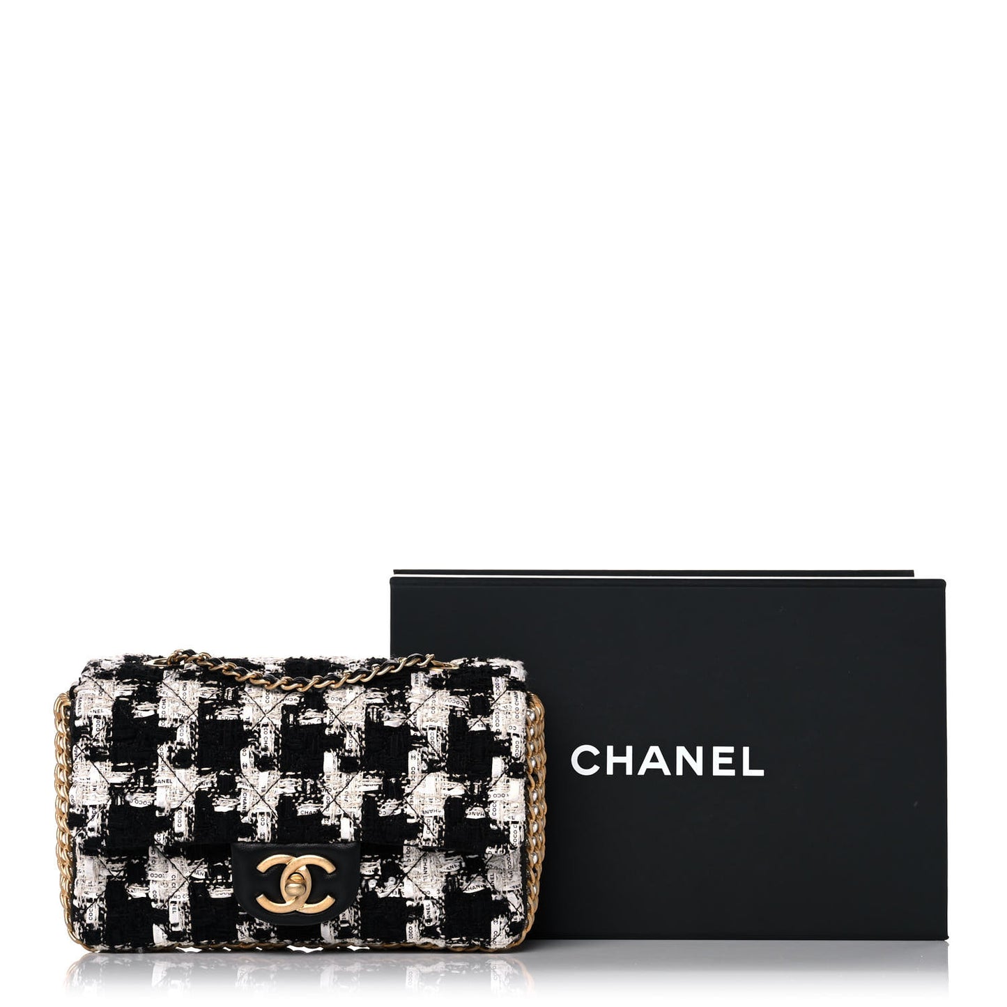 Tweed Quilted Mini Side Pearl Flap Bag Black Ecru White