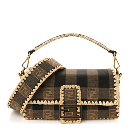 Fendi Fabric Jacquard Raffia Straw Pequin Gingham Woven Baguette Beige Black Natural 1 of 9