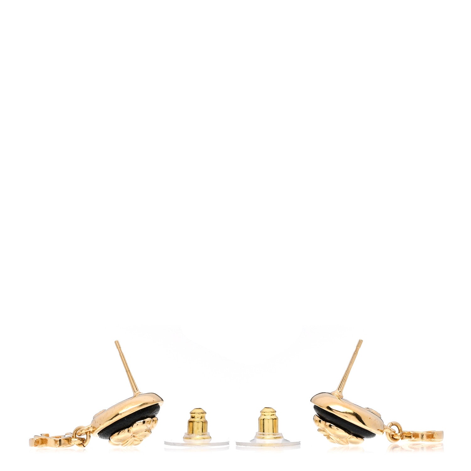 Chanel Metal Lambskin Camellia CC Drop Earrings Gold Black 3 of 4