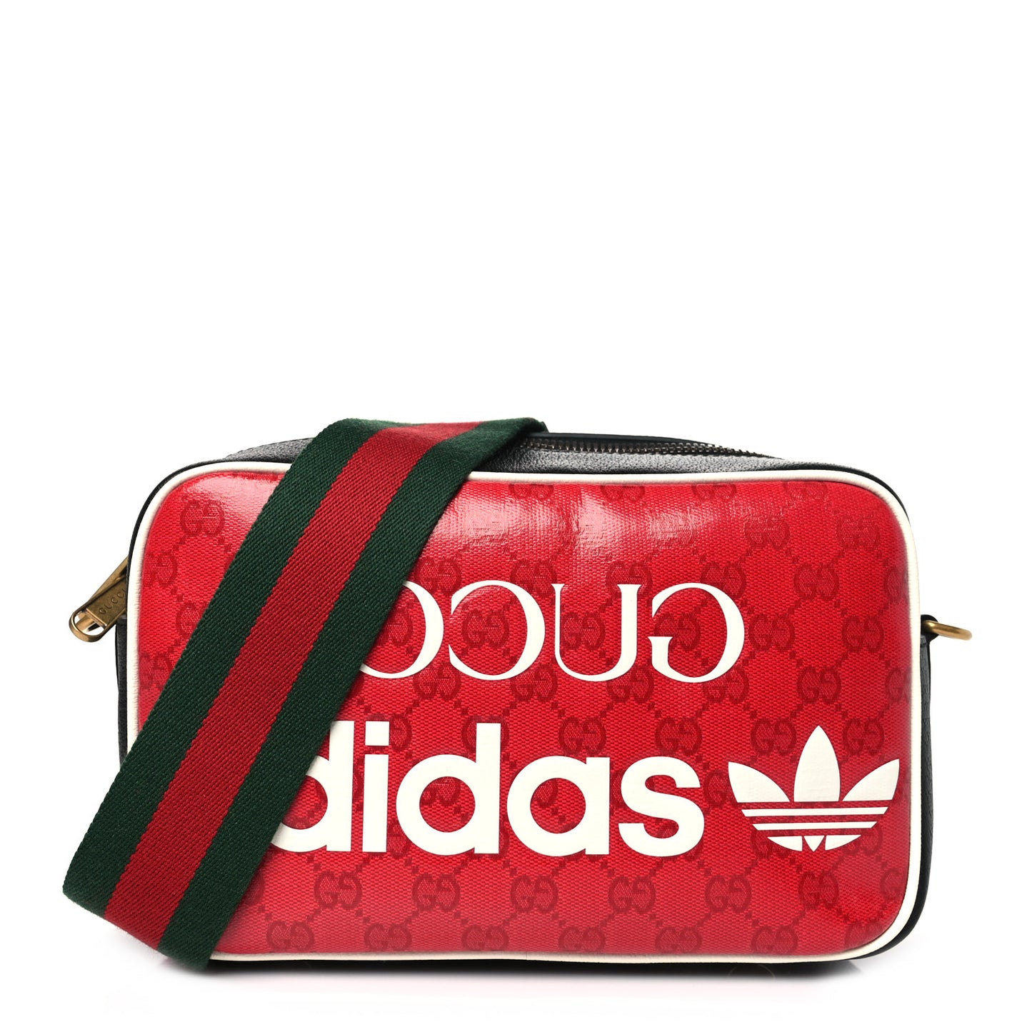 X ADIDAS Crystal Vintage Monogram Textured Dollar Calfskin Web Trefoil Logo Small Messenger Bag Hibiscus Red Off White Black