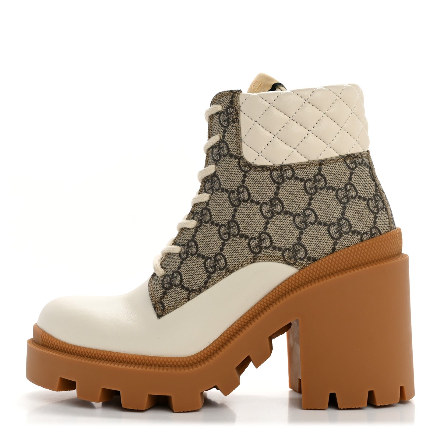 Calfskin GG Supreme Monogram Nappa Quilted Lace Up Ankle Boots 37 Mystic White Beige