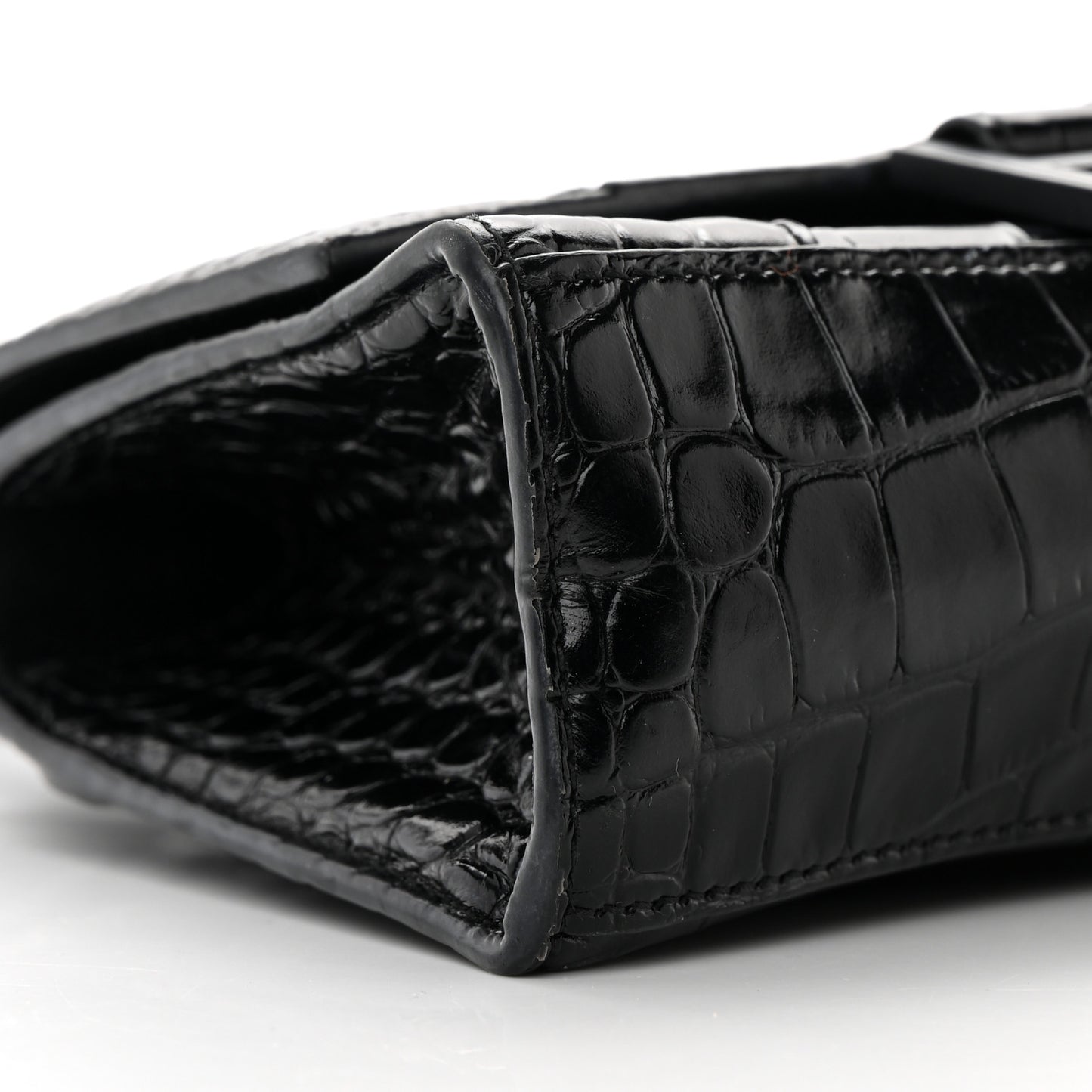 Shiny Calfskin Monochrome Crocodile Embossed Hourglass Top Handle Bag XS Black