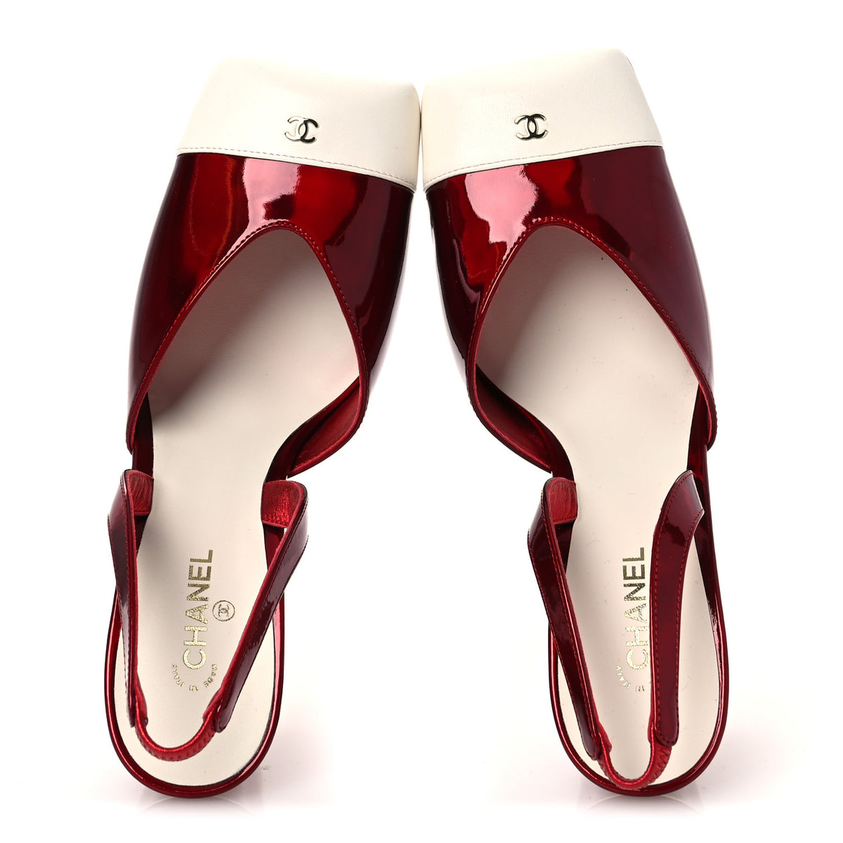 Chanel Laminated Calfskin Lambskin Cap Toe CC Slingback Pumps 38 Red Ivory 2 of 11