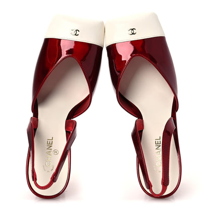 Chanel Laminated Calfskin Lambskin Cap Toe CC Slingback Pumps 38 Red Ivory 2 of 11