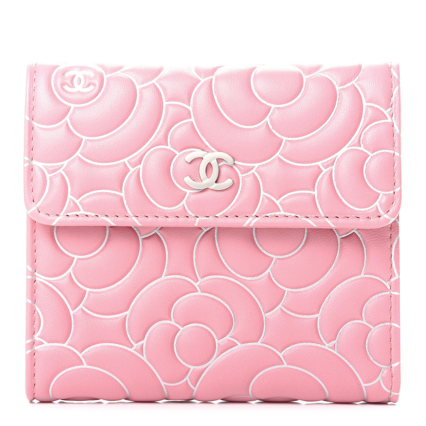 Lambskin Camellia Embossed French Wallet Pink
