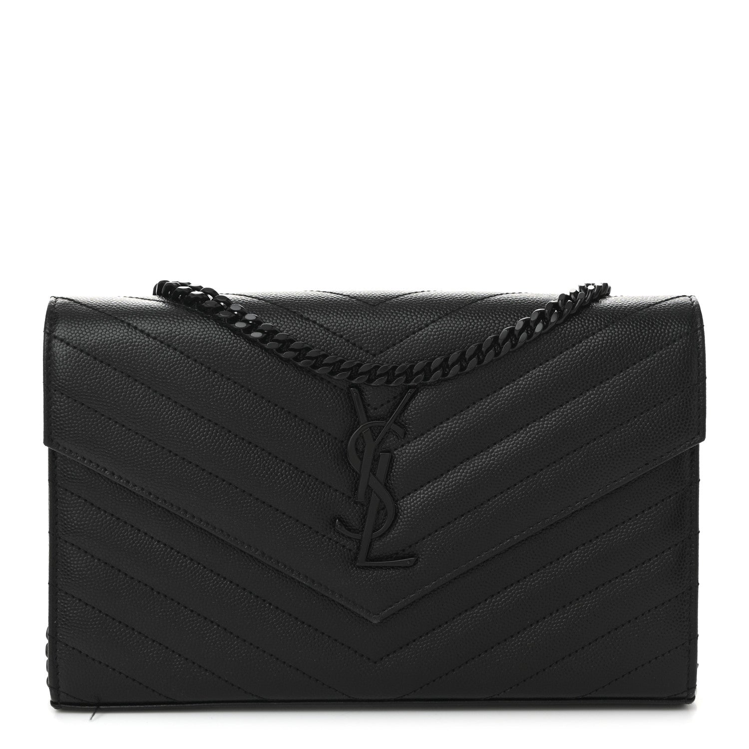 Saint Laurent Grain De Poudre Matelasse Chevron Monogram Monochrome Chain Wallet Black 1 of 11