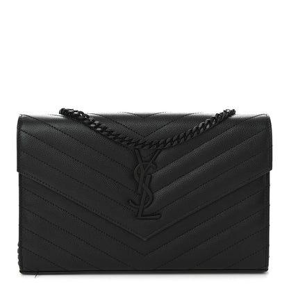 Saint Laurent Grain De Poudre Matelasse Chevron Monogram Monochrome Chain Wallet Black 1 of 11