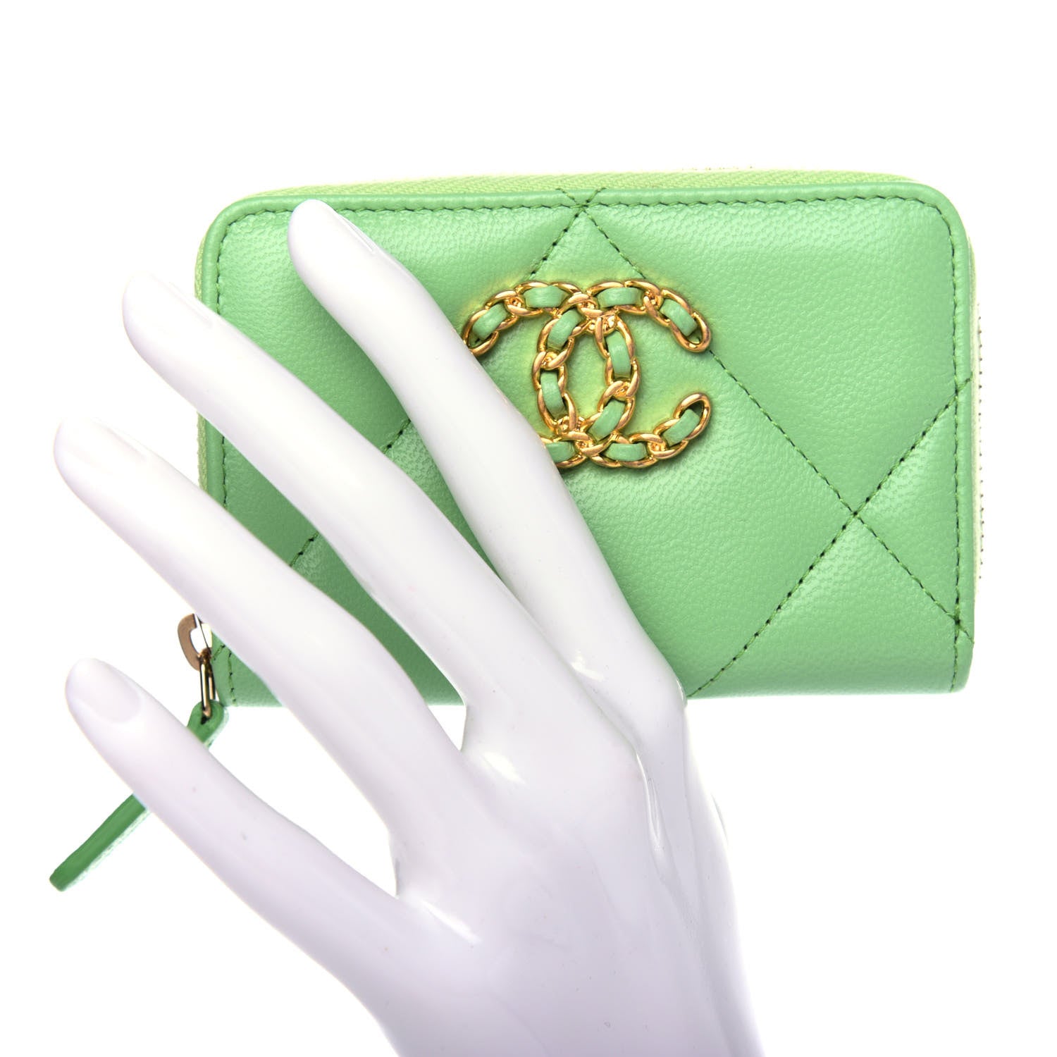 Chanel Shiny Goatskin Quilted 19 Zip Around Coin Purse Wallet Green 2 of 8