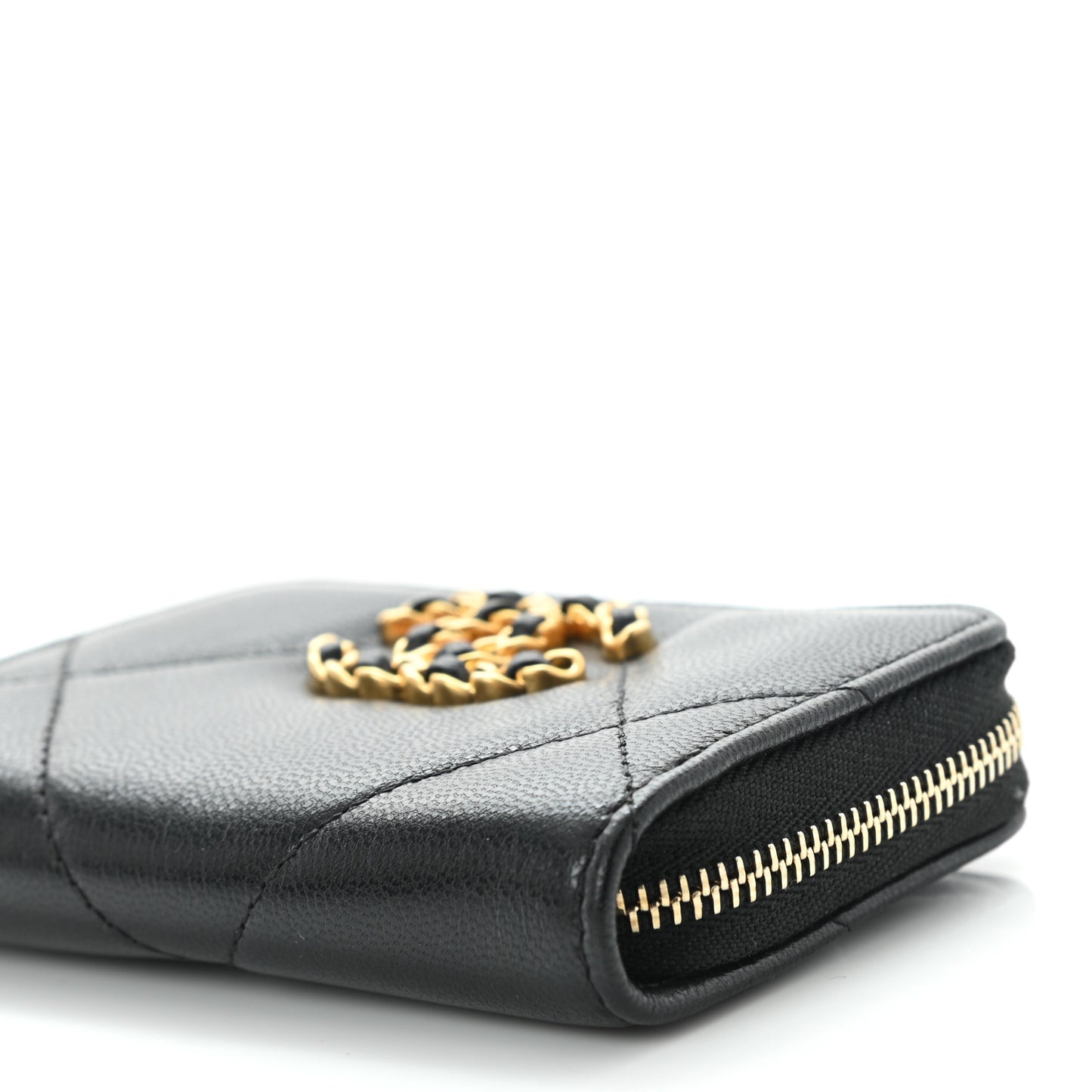 Goatskin Quilted Chanel 19 Zip Around Coin Purse Wallet Black