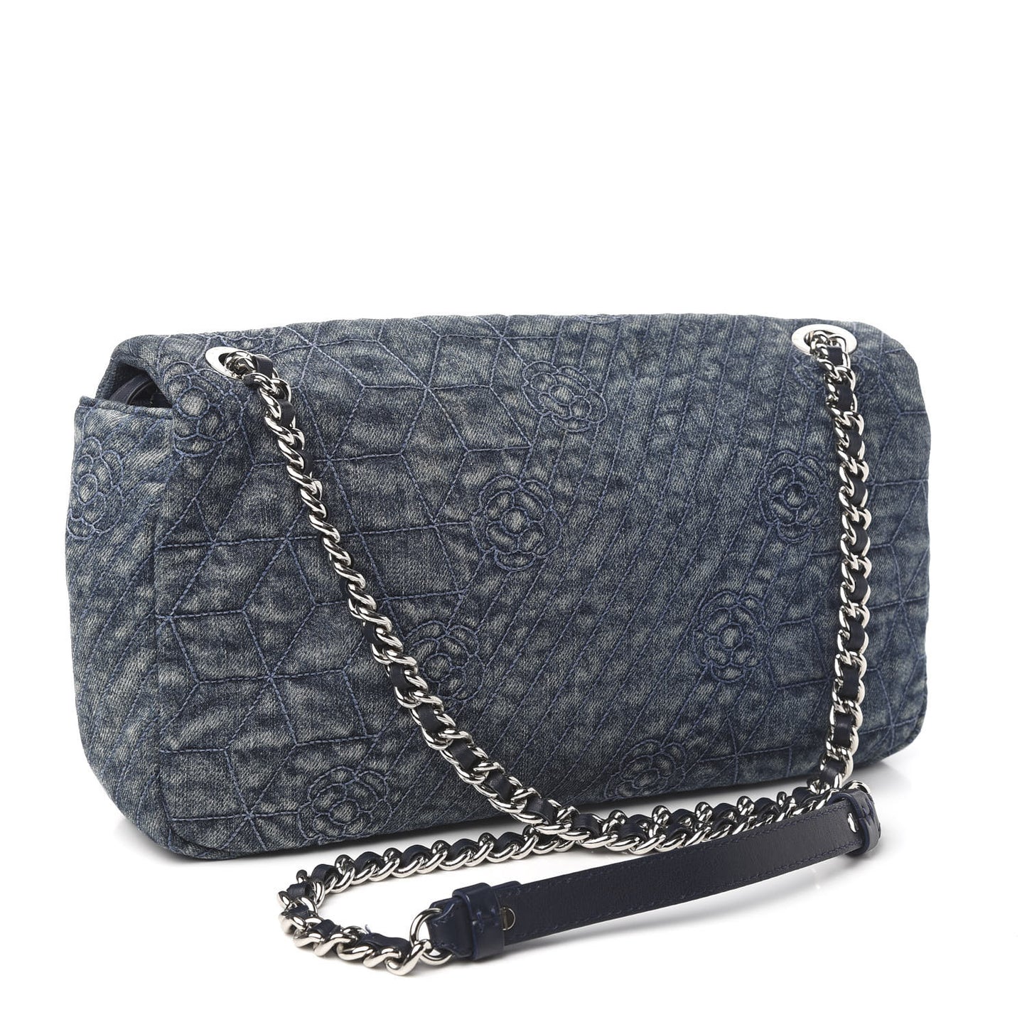 Denim Quilted Camellia Embroidered Large Flap Blue