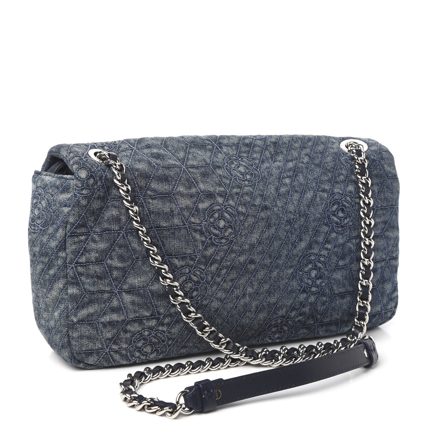 Chanel Denim Quilted Camellia Embroidered Large Flap Blue 3 of 10