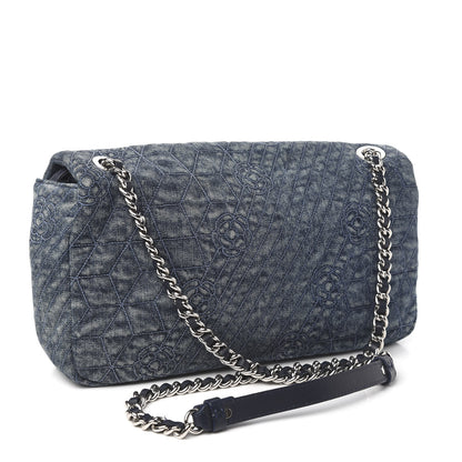 Chanel Denim Quilted Camellia Embroidered Large Flap Blue 3 of 10