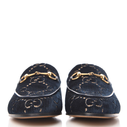Gucci Velvet GG Monogram Horsebit Womens Jordaan Loafers 39.5 Blue Beige 2 of 10