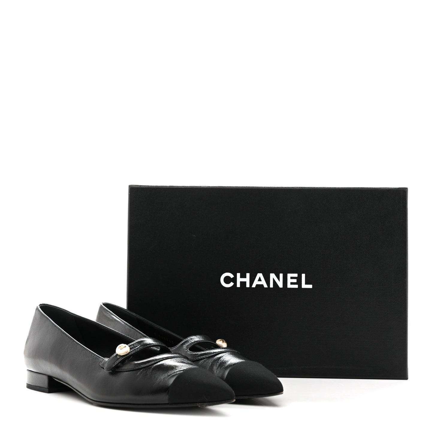 Shiny Lambskin Grosgrain Pearl Mary Jane Flats 37.5 Black