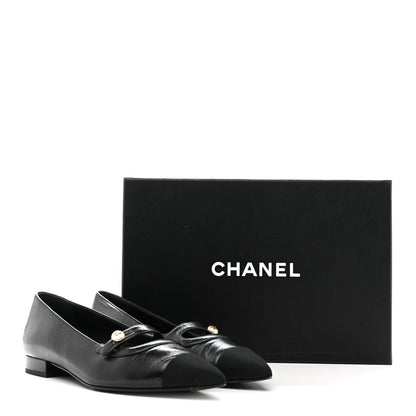 Chanel Shiny Lambskin Grosgrain Pearl Mary Jane Flats 37.5 Black 10 of 10