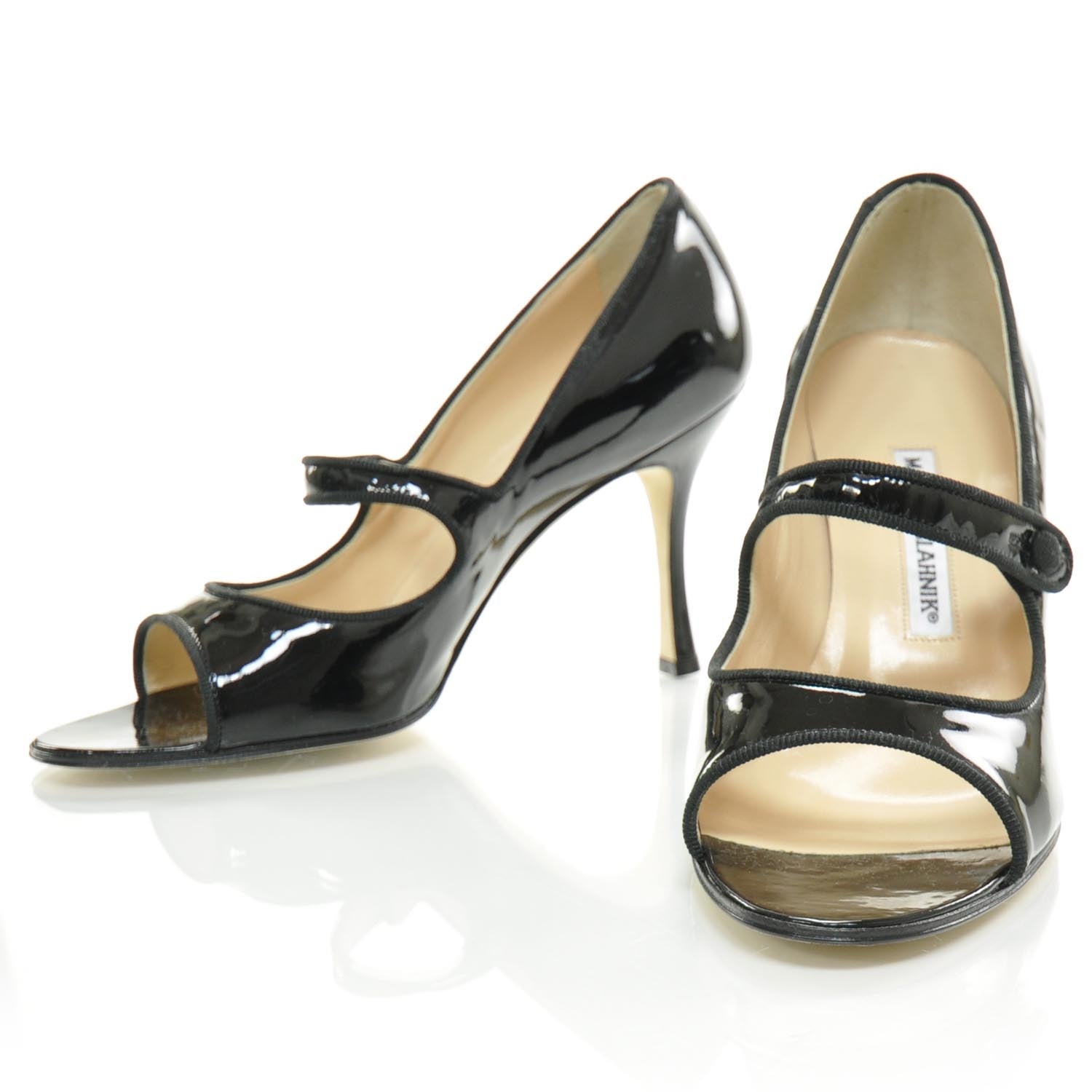 FASHIONPHILE MANOLOBLAHNIKPatentOpenToeMaryJaneHeels38Black 1 of 7