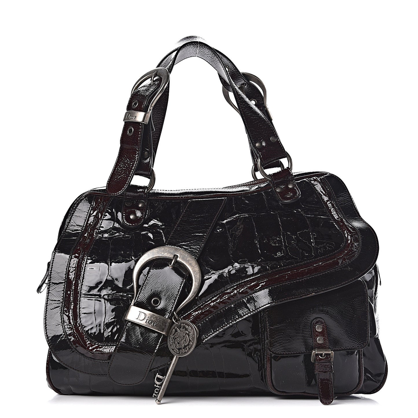 Patent Crocodile Embossed Medium Gaucho Double Saddle Bag Dark Brown