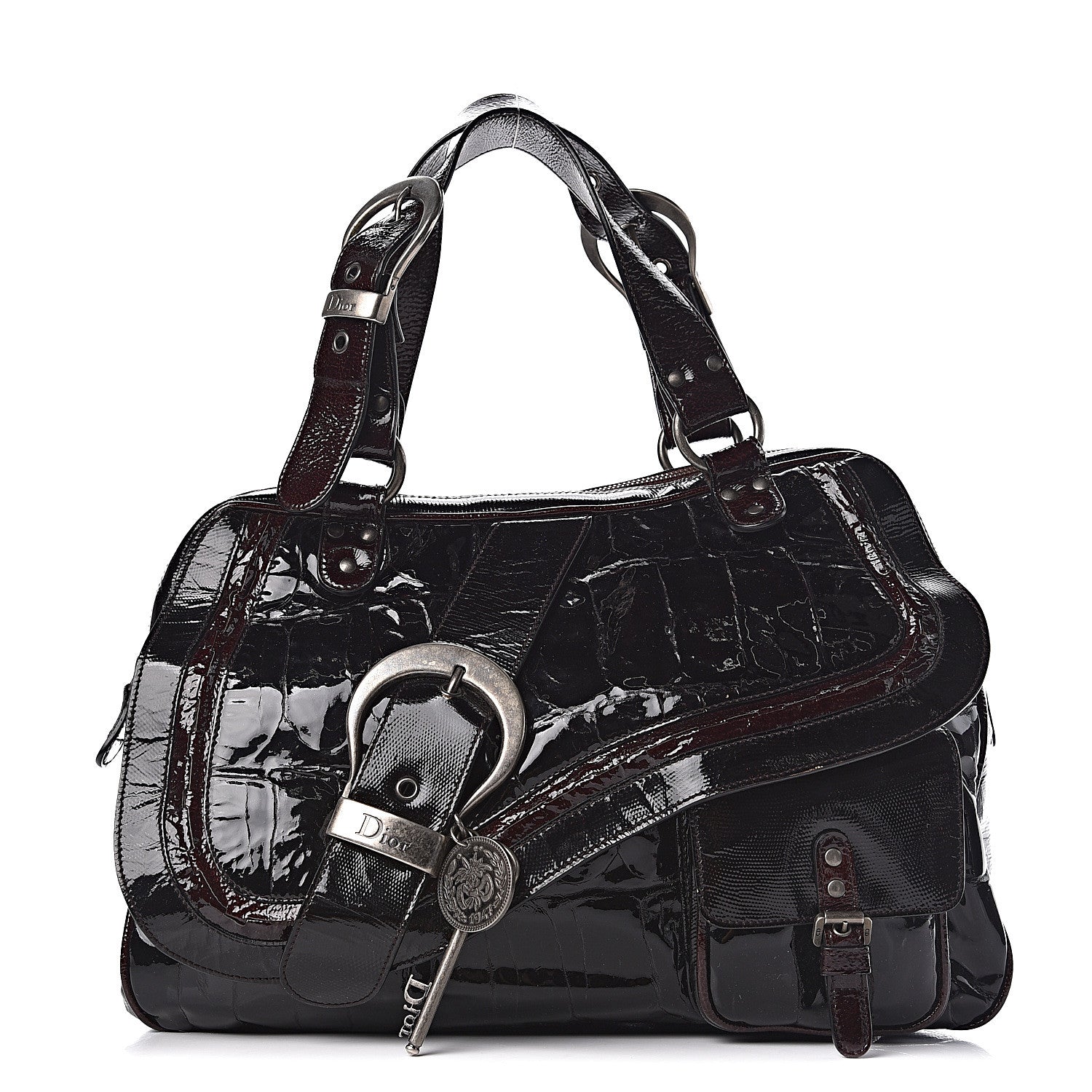 Christian Dior Patent Crocodile Embossed Medium Gaucho Double Saddle Bag Dark Brown 1 of 10