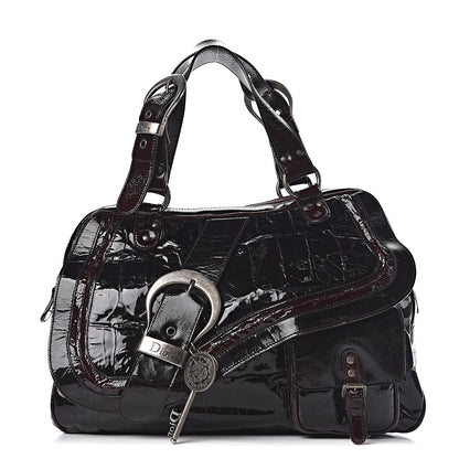 Christian Dior Patent Crocodile Embossed Medium Gaucho Double Saddle Bag Dark Brown 1 of 10