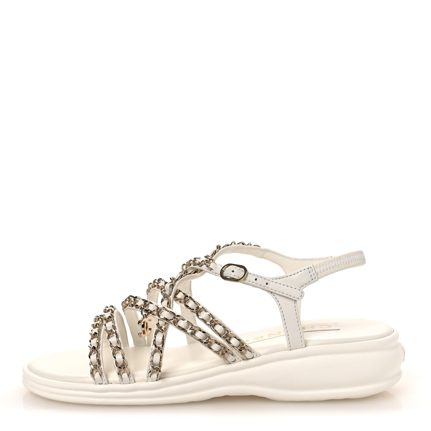 Lambskin Metal Chain Ankle Strap Sandals 39 White