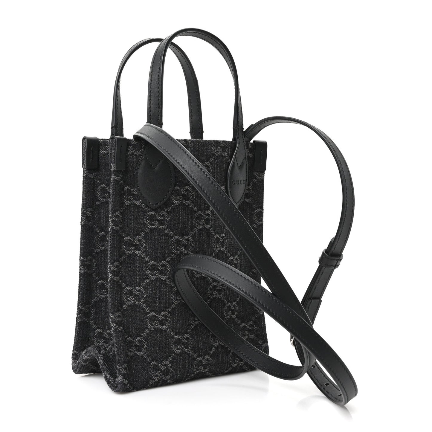 Denim Cuoio Harness GG Monogram Mini Ophidia Tote Bag Black Medium Grey