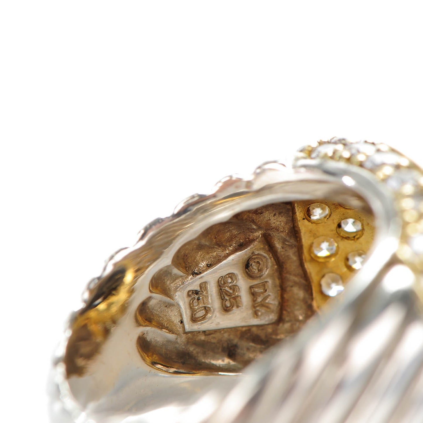 Sterling Silver 18K Yellow Gold Pave Diamond Smoky Quartz 15mm Cable Ring 53 6.5