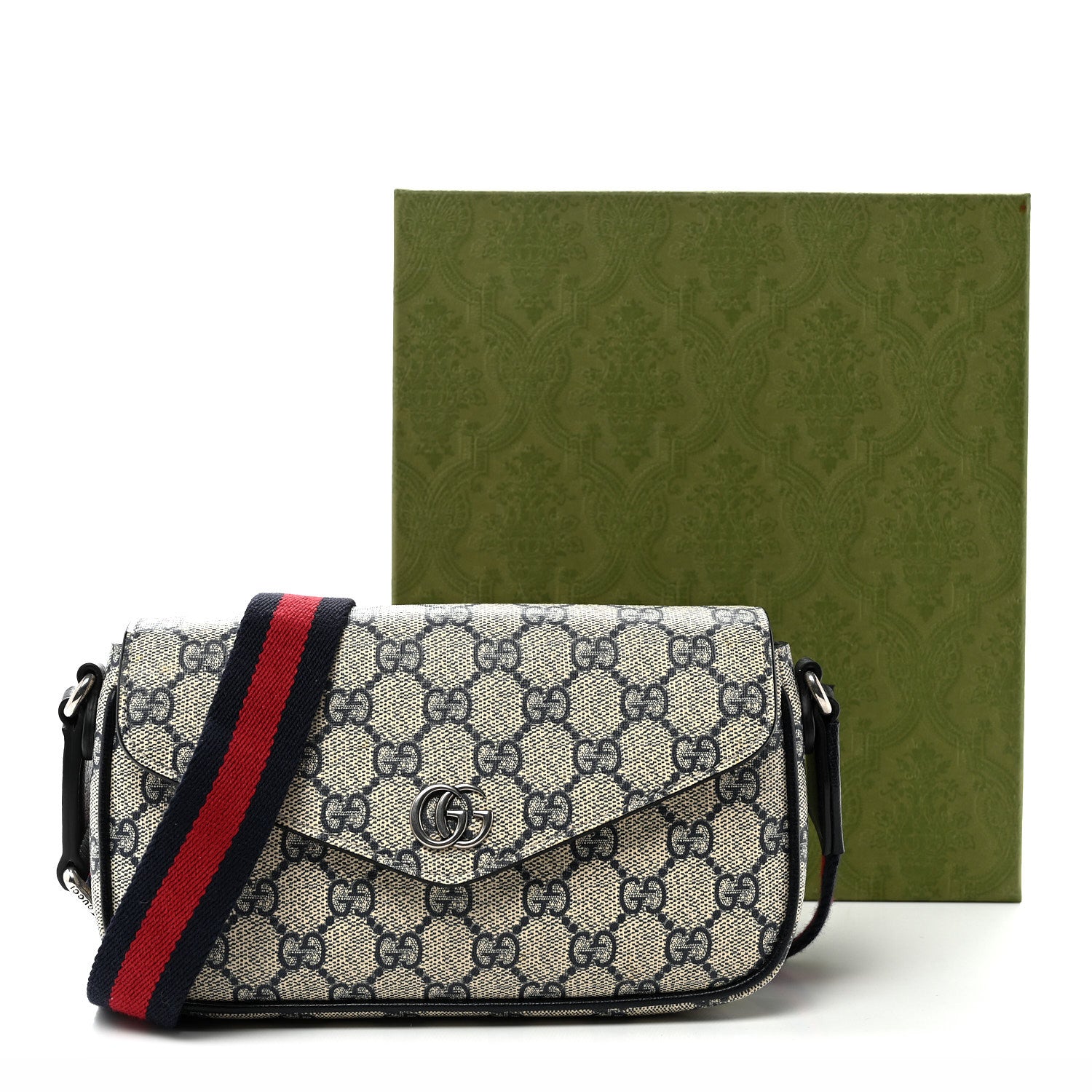 Gucci GG Supreme Monogram Textured Dollar Calfskin Web Mini Ophidia Envelope Shoulder Bag Beige Blue 10 of 10